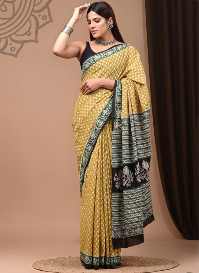 Yellow Cotton Mul Sarees Party Wear Digital Printed Saree