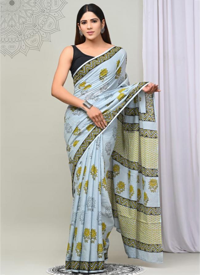 Light Sky Blue Cotton Mul Sarees Party Wear Digital Printed Saree