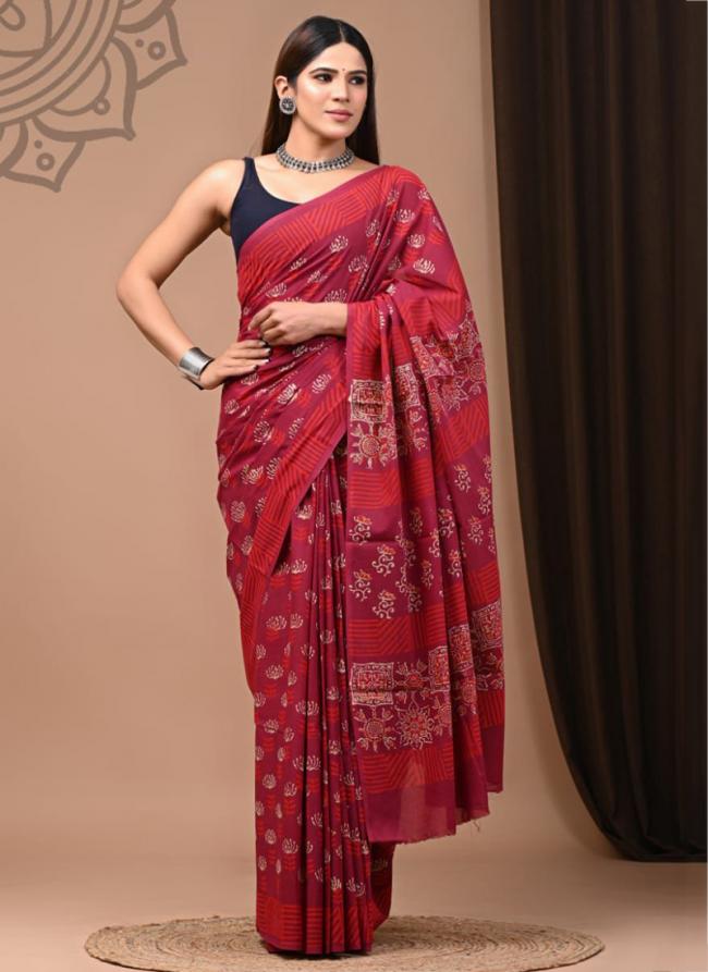 Red Cotton Mul Sarees Party Wear Digital Printed Saree