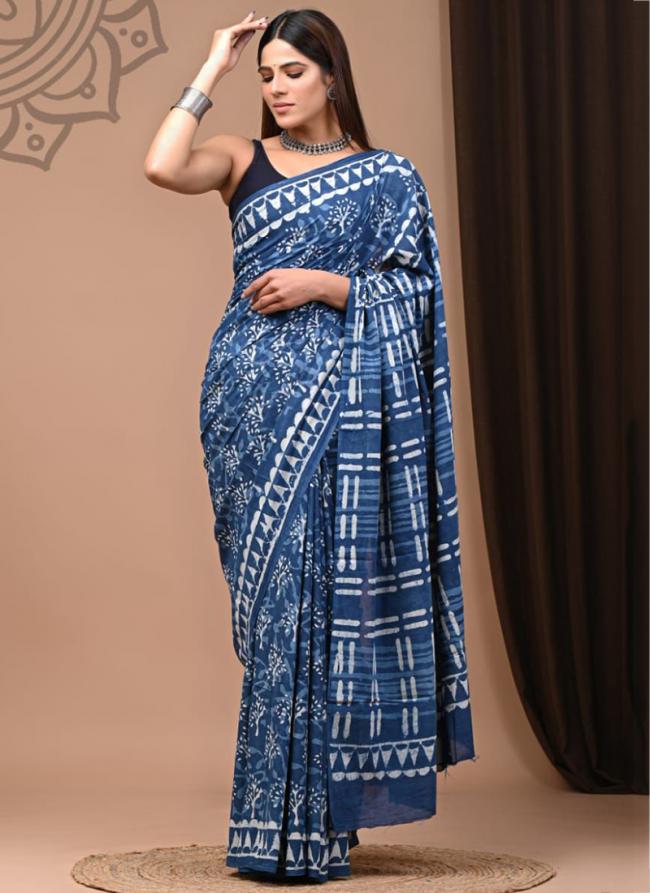 Sky Blue Cotton Mul Sarees Party Wear Digital Printed Saree