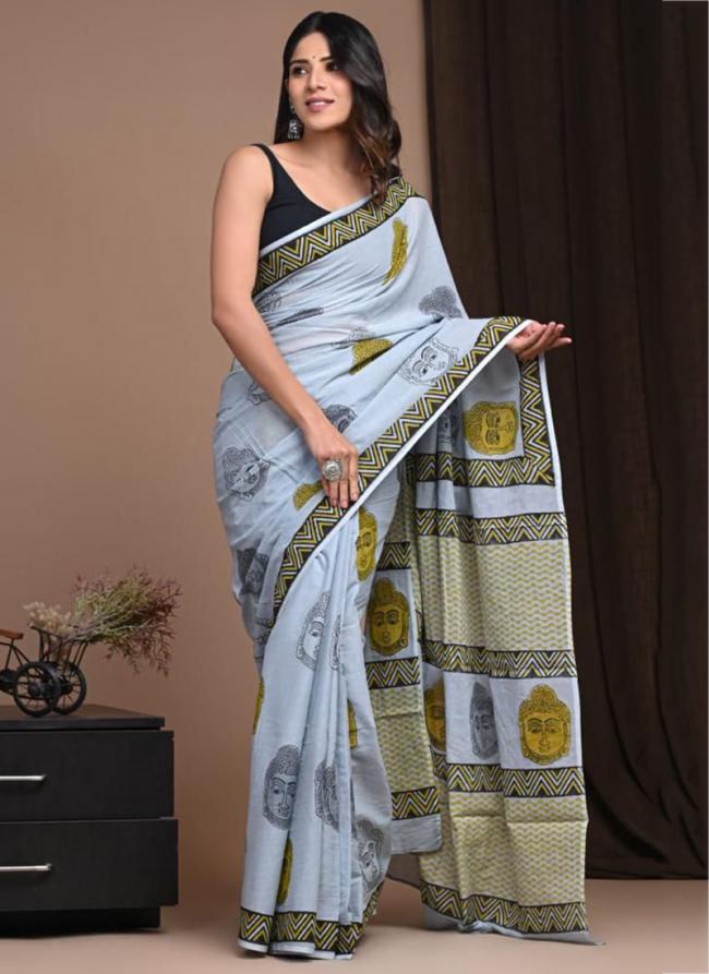 Light Sky Blue Cotton Mul Sarees Party Wear Digital Printed Saree