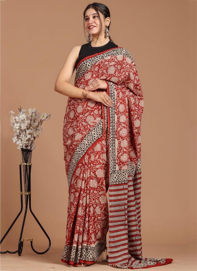 Red Black Cotton Mul Sarees Party Wear Digital Printed Saree