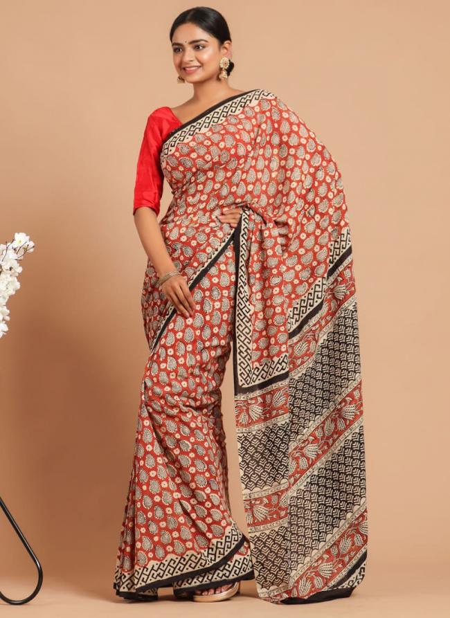 Red Black Cotton Mul Sarees Party Wear Digital Printed Saree