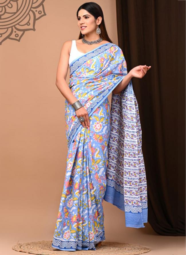 Sky Blue Cotton Mul Sarees Party Wear Digital Printed Saree