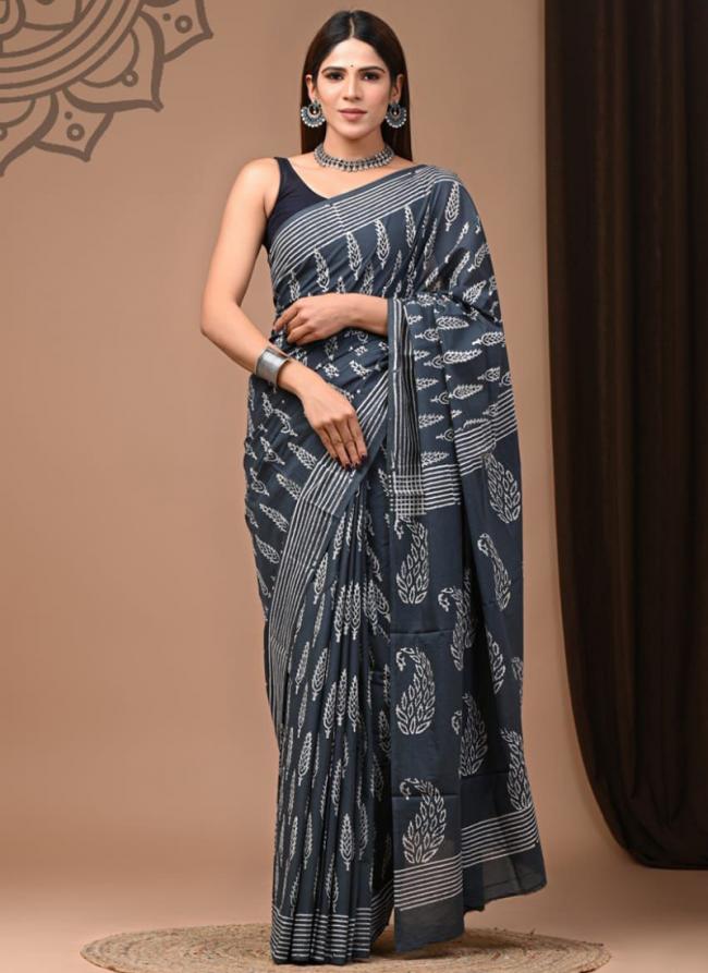 Grey Cotton Mul Sarees Party Wear Digital Printed Saree