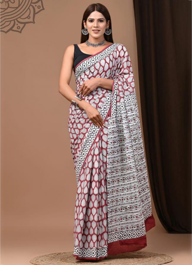 White Red Cotton Mul Sarees Party Wear Digital Printed Saree