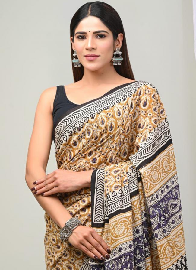 Yellow Cotton Mul Sarees Party Wear Digital Printed Saree