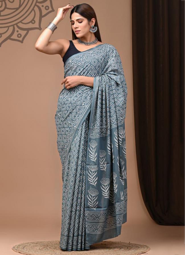 Grey Cotton Mul Sarees Party Wear Digital Printed Saree