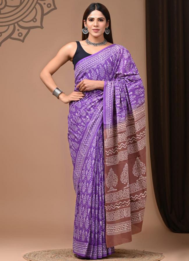 Purple Cotton Mul Sarees Party Wear Digital Printed Saree