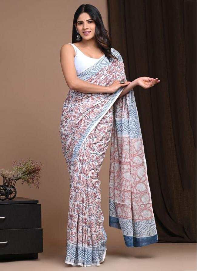 White Blue Cotton Mul Sarees Party Wear Digital Printed Saree