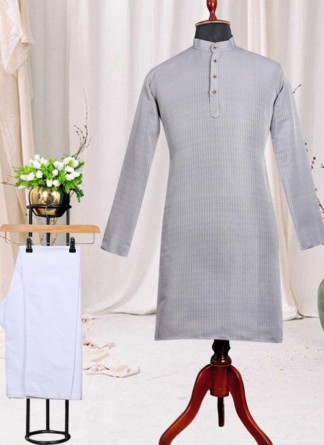 Grey Silk Festival Wear plain Kurta Pyjama