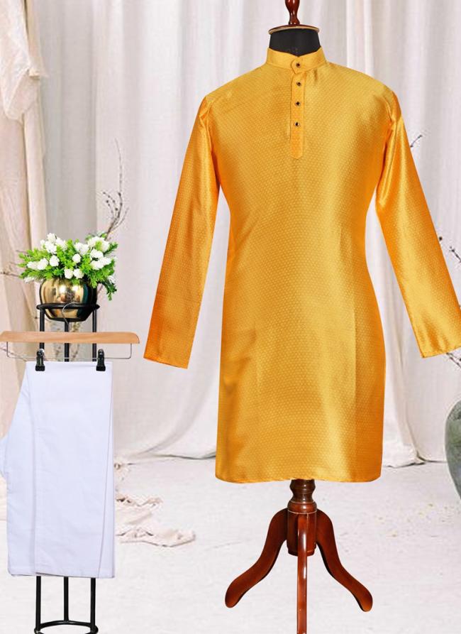 Yellow Silk Festival Wear plain Kurta Pyjama