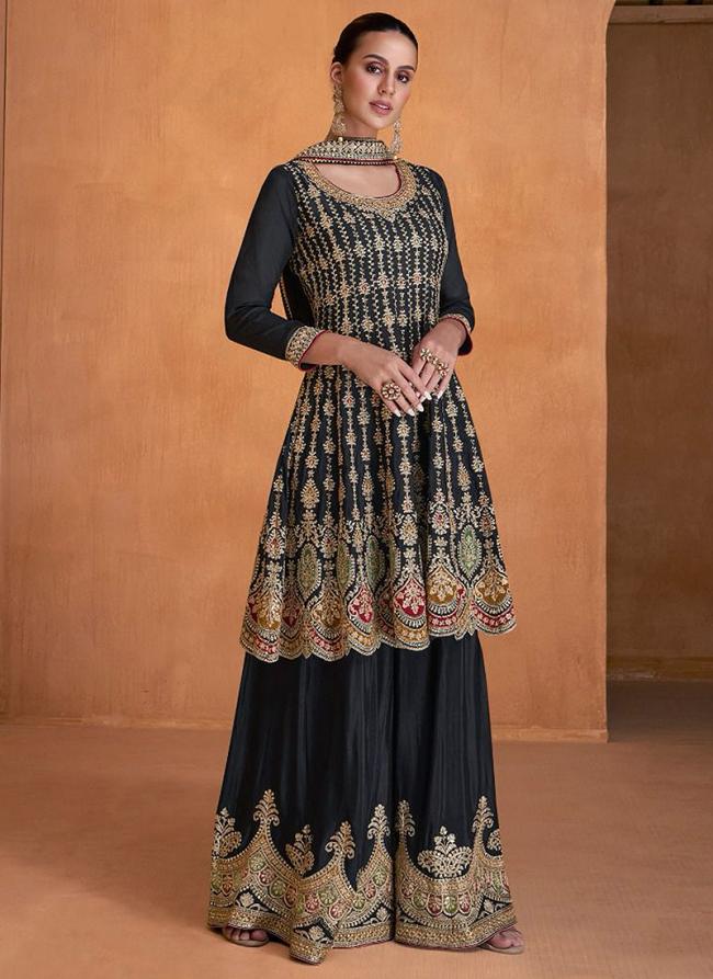 Black Georgette Wedding Wear Embroidery Work Sharara Suit