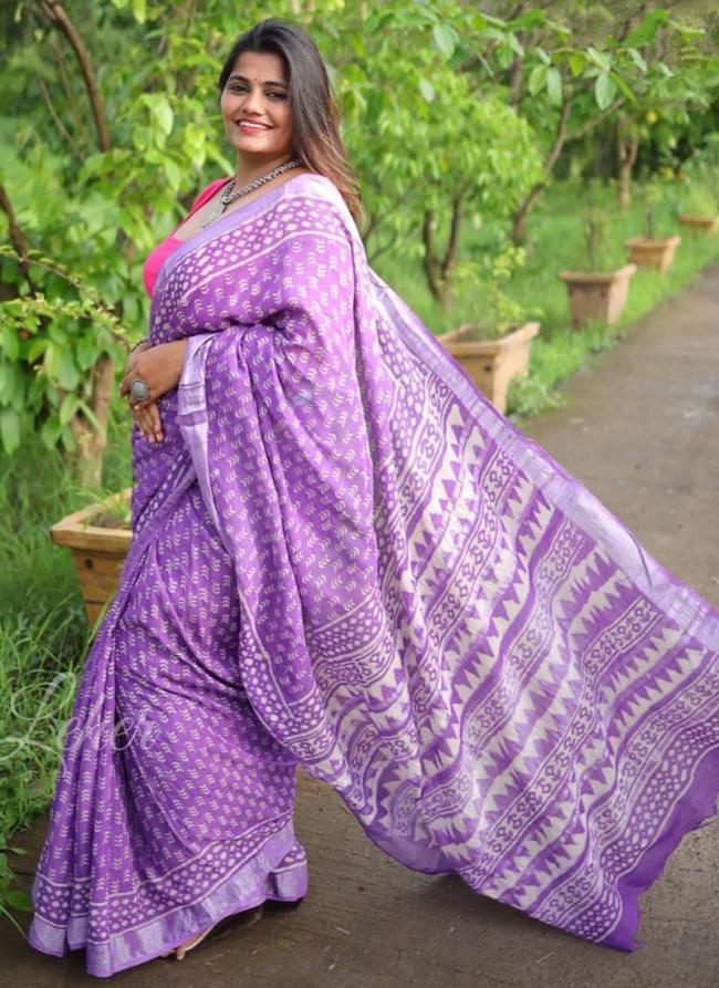 Purple Linen Party Wear Digital Printed Saree