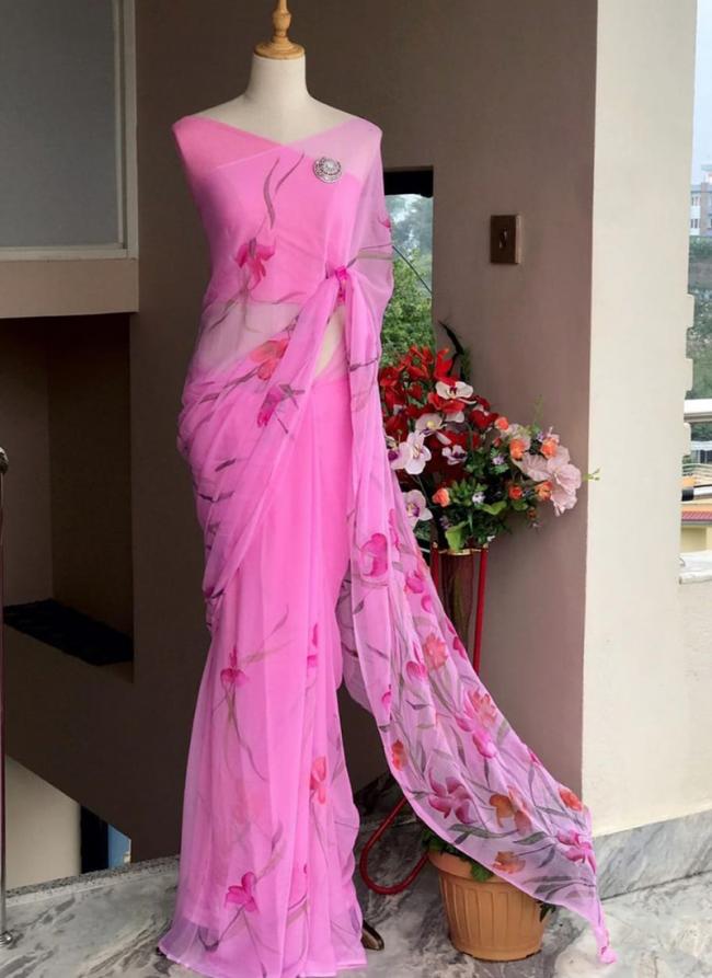 Pink Soft Georgette Party Wear Digital Printed Saree