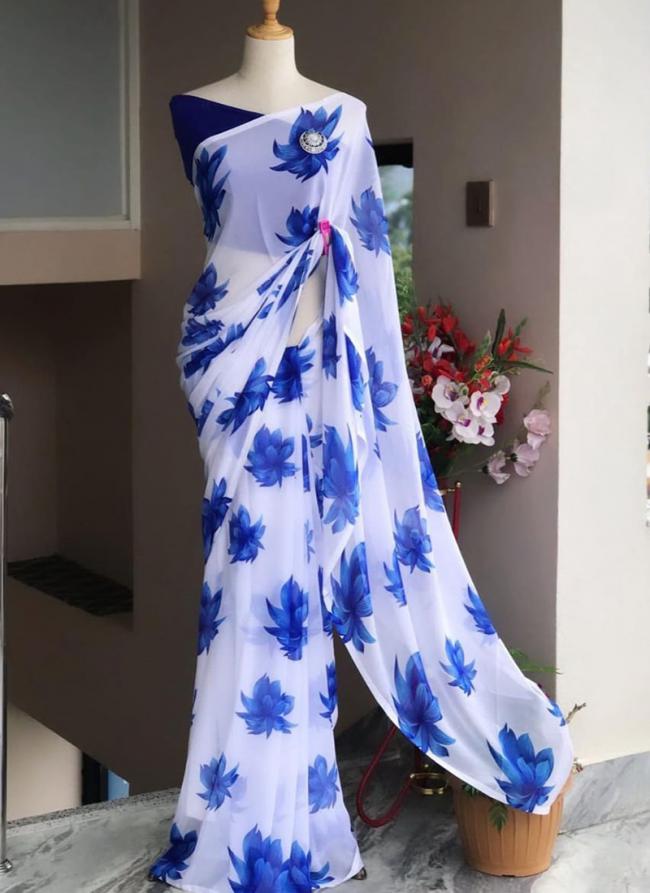 Blue Soft Georgette Party Wear Digital Printed Saree