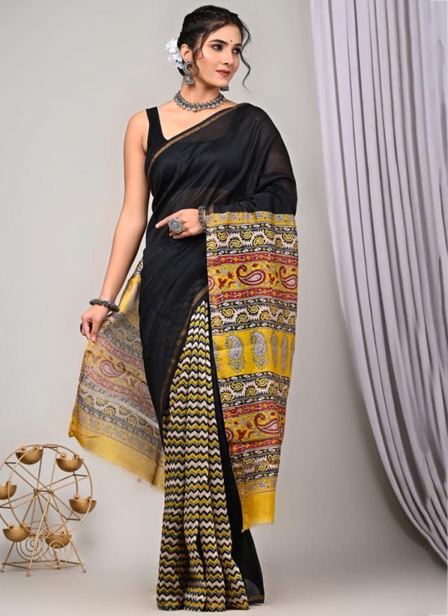 Black Chanderi Silk Party Wear Digital Printed Saree