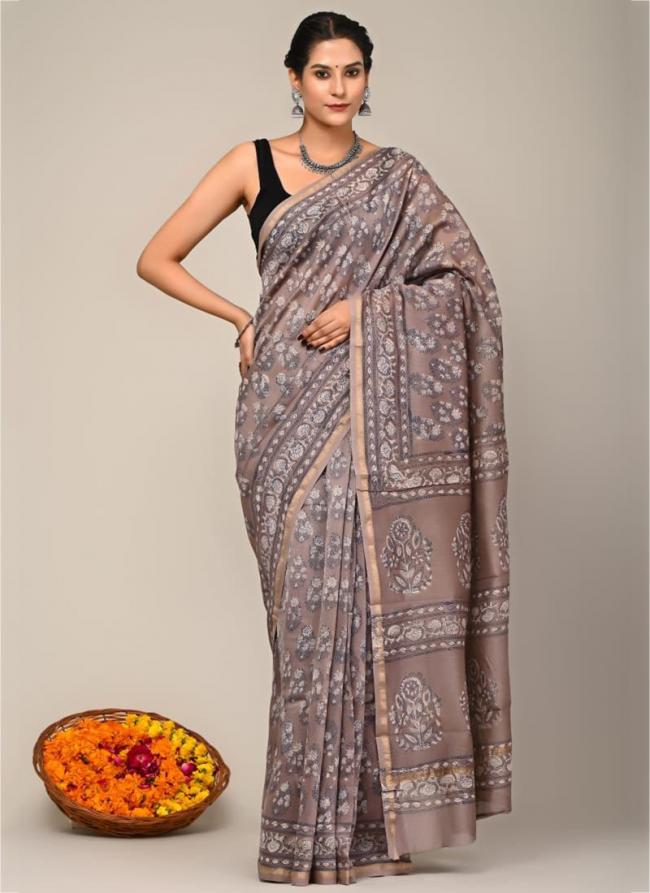 Grey Chanderi Silk Party Wear Digital Printed Saree