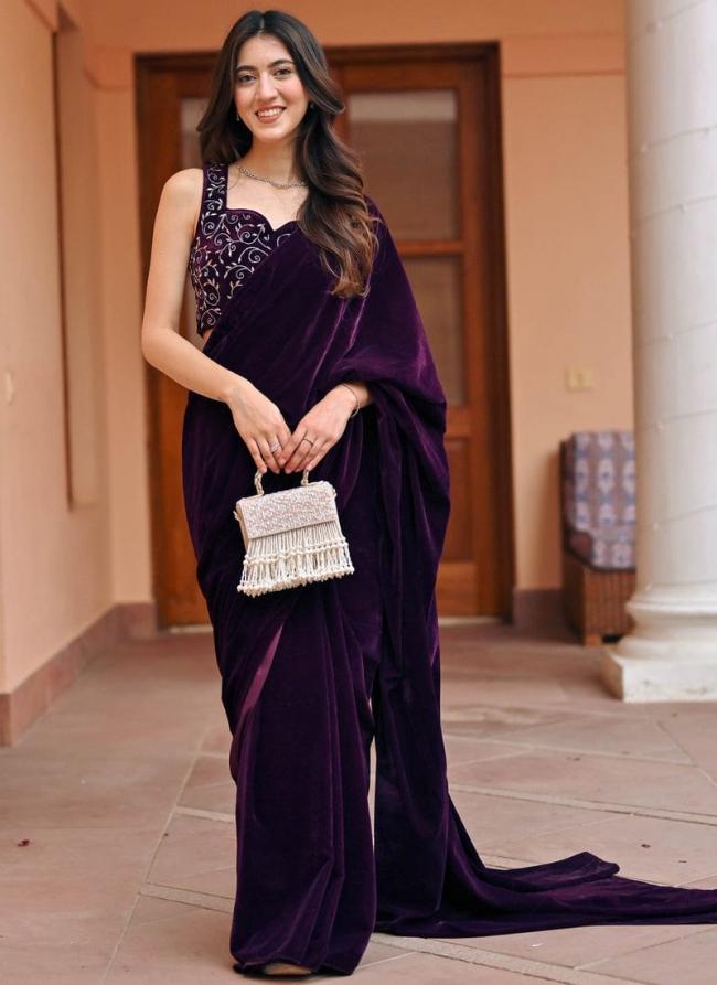 Purple 9000 Velvet Party Wear Embroidery Work Saree