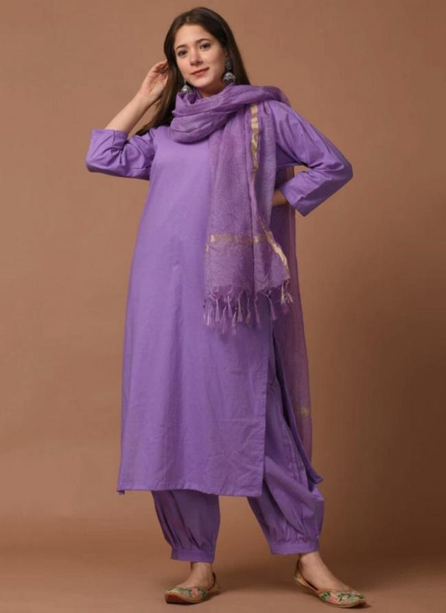 Purple Heavy Cotton Festival Wear Plain Readymade Kurti With pant And Dupatta