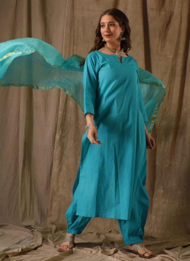 Sky Blue Heavy Cotton Festival Wear Plain Readymade Kurti With pant And Dupatta