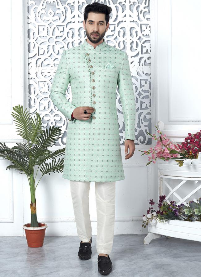 Green Jaquard Silk Party Wear Pattern Pc Work Readymade Mens Indo Western