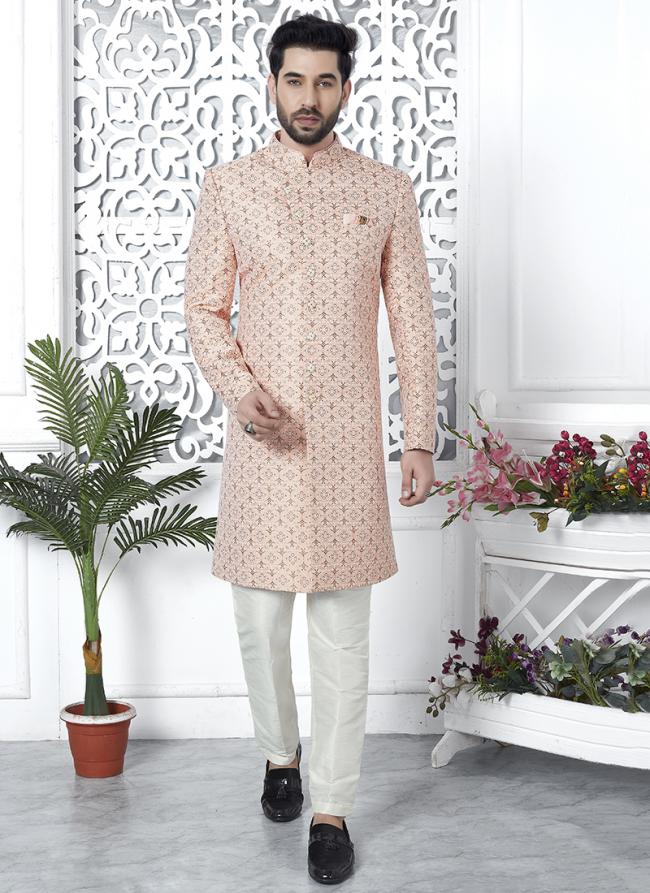 Pink Jaquard Silk Party Wear Pattern Pc Work Readymade Mens Indo Western