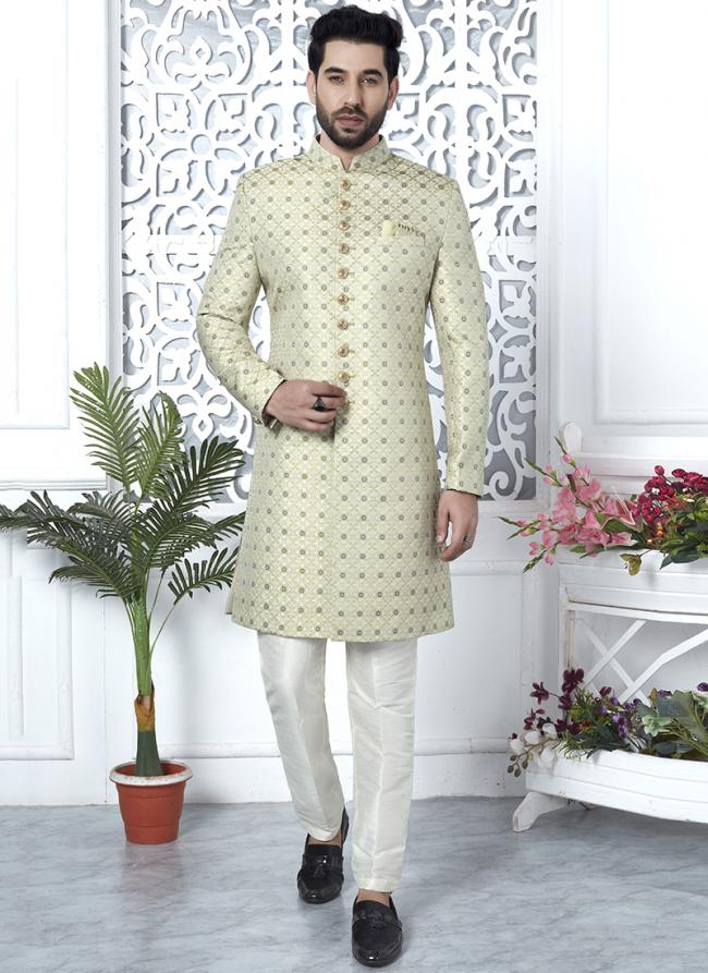 Pista Green Jaquard Silk Party Wear Pattern Pc Work Readymade Mens Indo Western