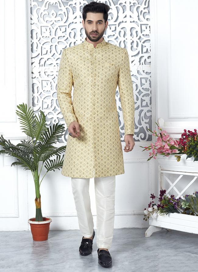 Yellow Jaquard Silk Party Wear Pattern Pc Work Readymade Mens Indo Western