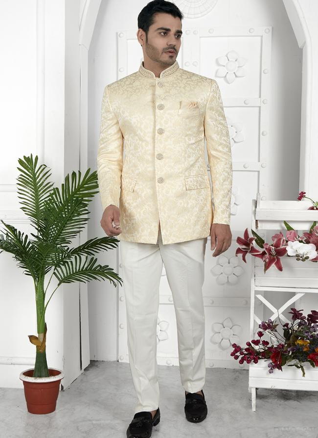 Beige Imported Jaquard Silk Party Wear Pattern Pc Work Readymade Mens Jacket