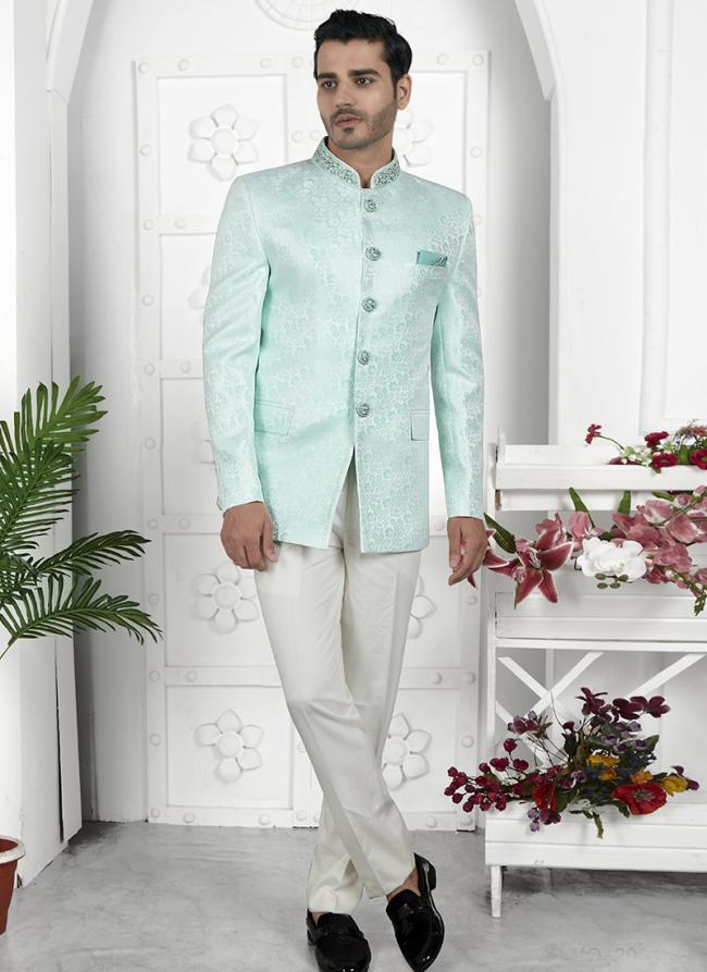 Firozi Green Imported Jaquard Silk Party Wear Pattern Pc Work Readymade Mens Jacket