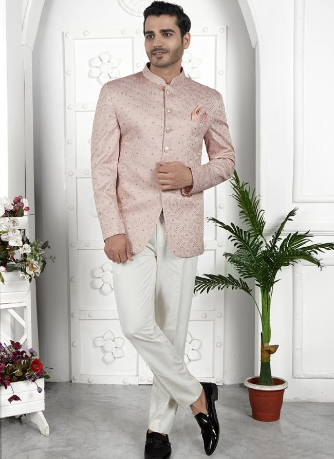Peach Imported Jaquard Silk Party Wear Pattern Pc Work Readymade Mens Jacket