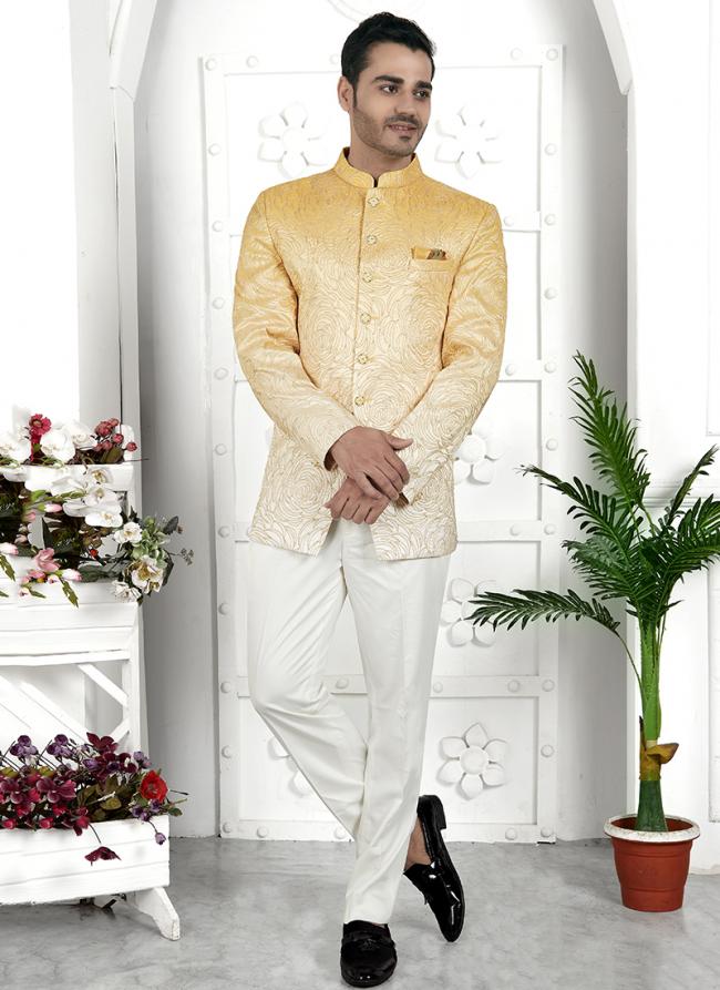 Yellow Imported Jaquard Silk Party Wear Pattern Pc Work Readymade Mens Jacket