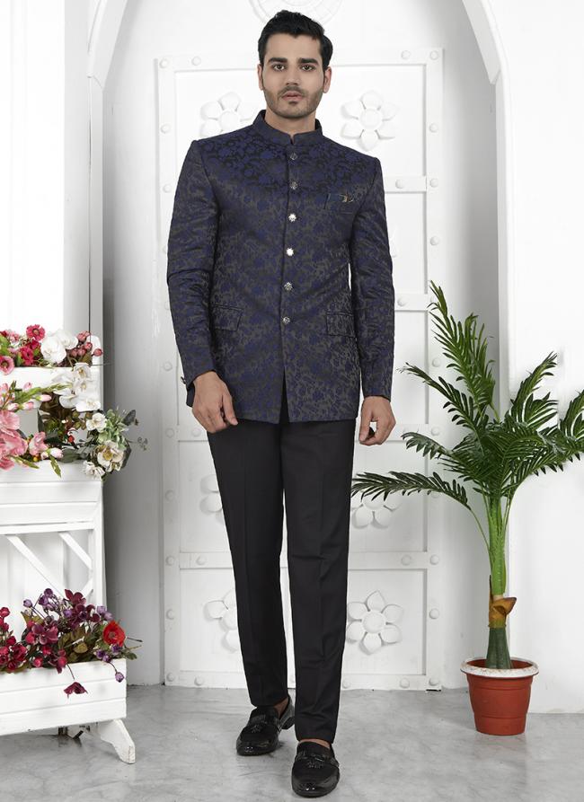 Navy Blue Imported Jaquard Silk Party Wear Pattern Pc Work Readymade Mens Jacket