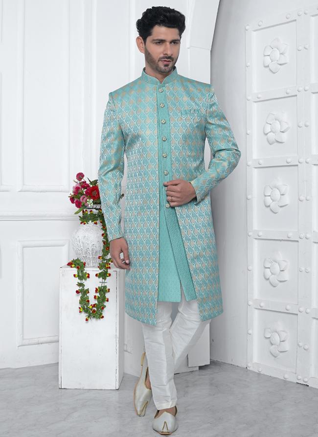 Blue Jaquard Silk Party Wear Pattern Pc Work Readymade Mens Indo Western