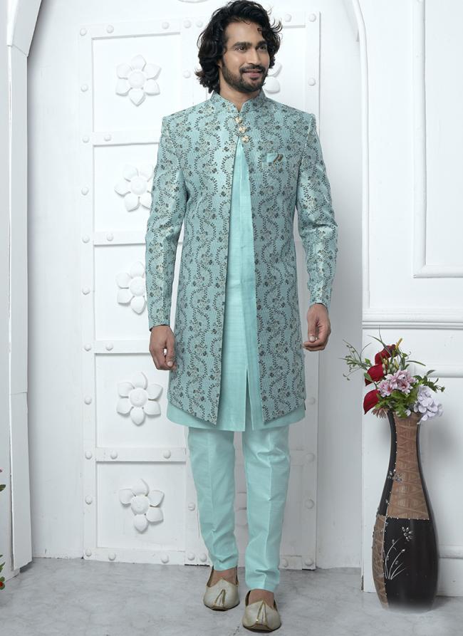 Firozi Jaquard Silk Party Wear Pattern Pc Work Readymade Mens Indo Western