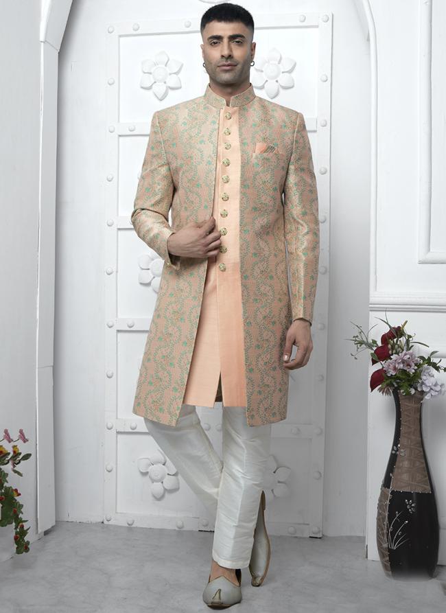 Peach Jaquard Silk Party Wear Pattern Pc Work Readymade Mens Indo Western