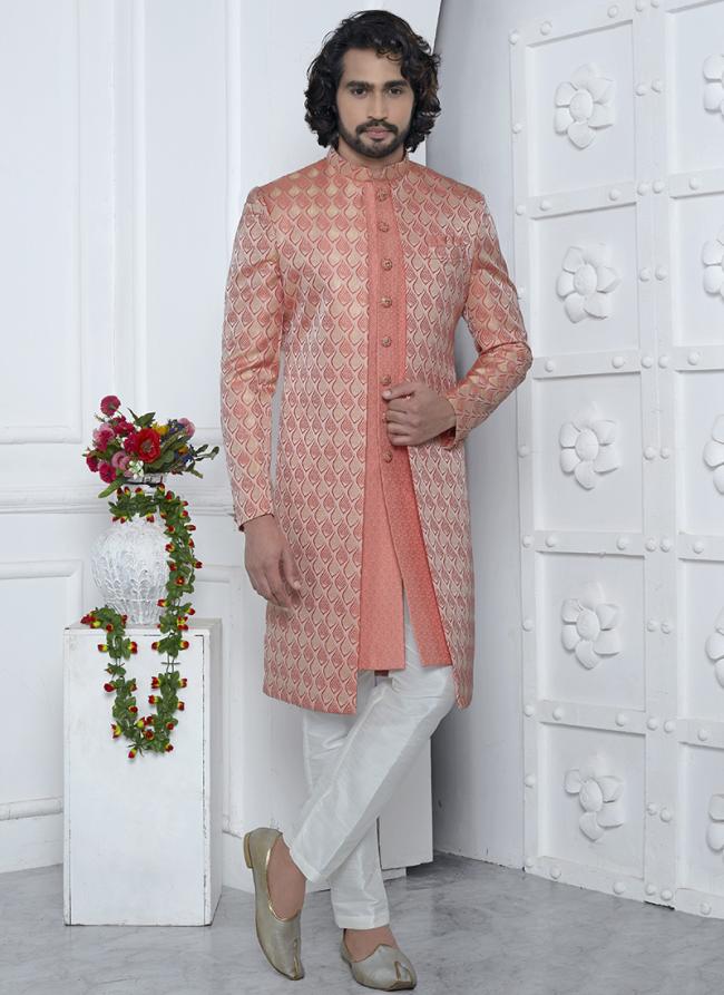 Peach Pink Jaquard Silk Party Wear Pattern Pc Work Readymade Mens Indo Western