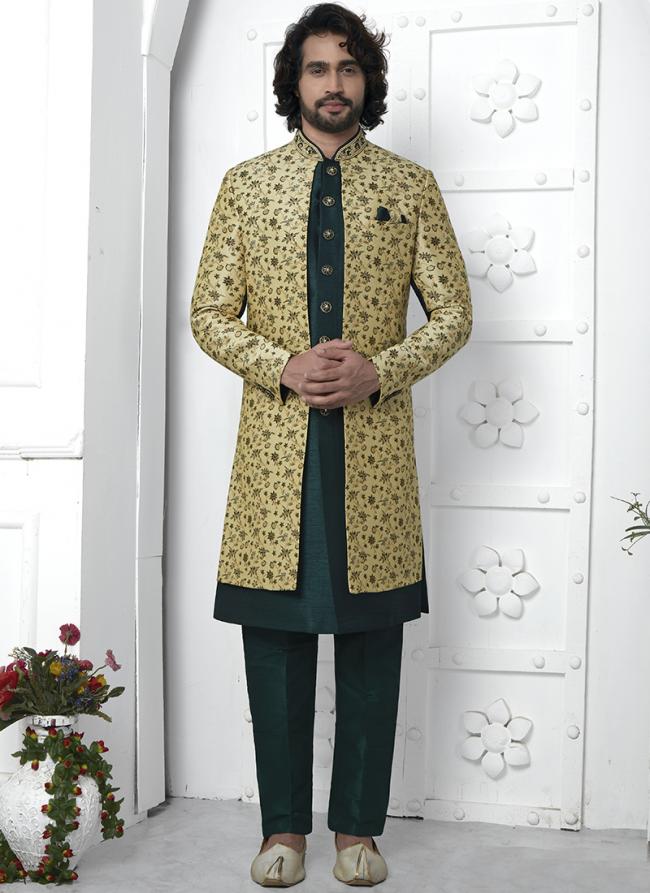 Beige Green Jaquard Silk Party Wear Pattern Pc Work Readymade Mens Indo Western