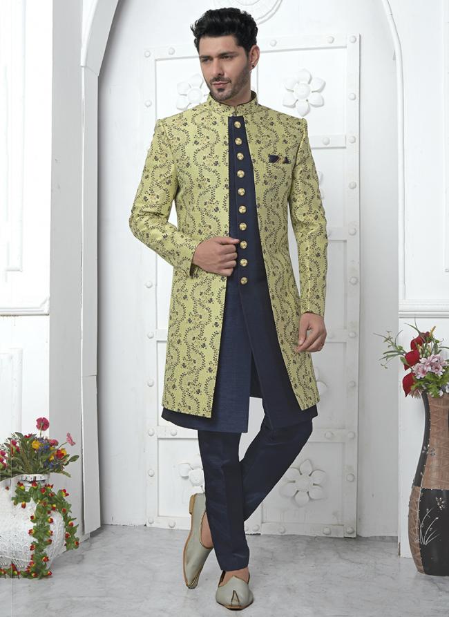 Green Jaquard Silk Party Wear Pattern Pc Work Readymade Mens Indo Western