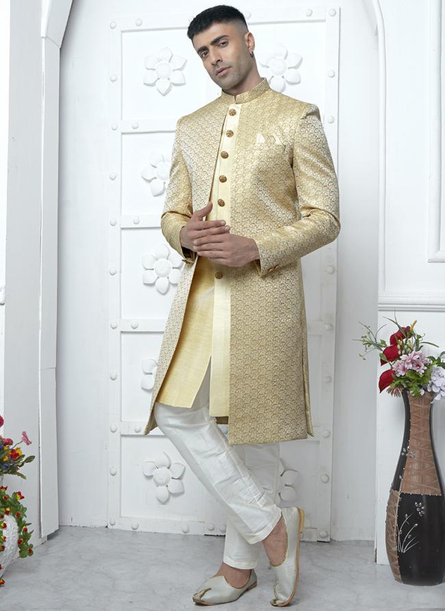 Green Jaquard Silk Party Wear Pattern Pc Work Readymade Mens Indo Western