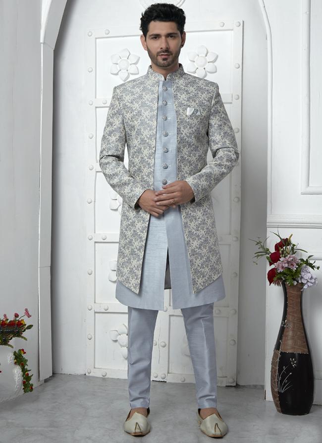 Off White Grey Jaquard Silk Party Wear Pattern Pc Work Readymade Mens Indo Western