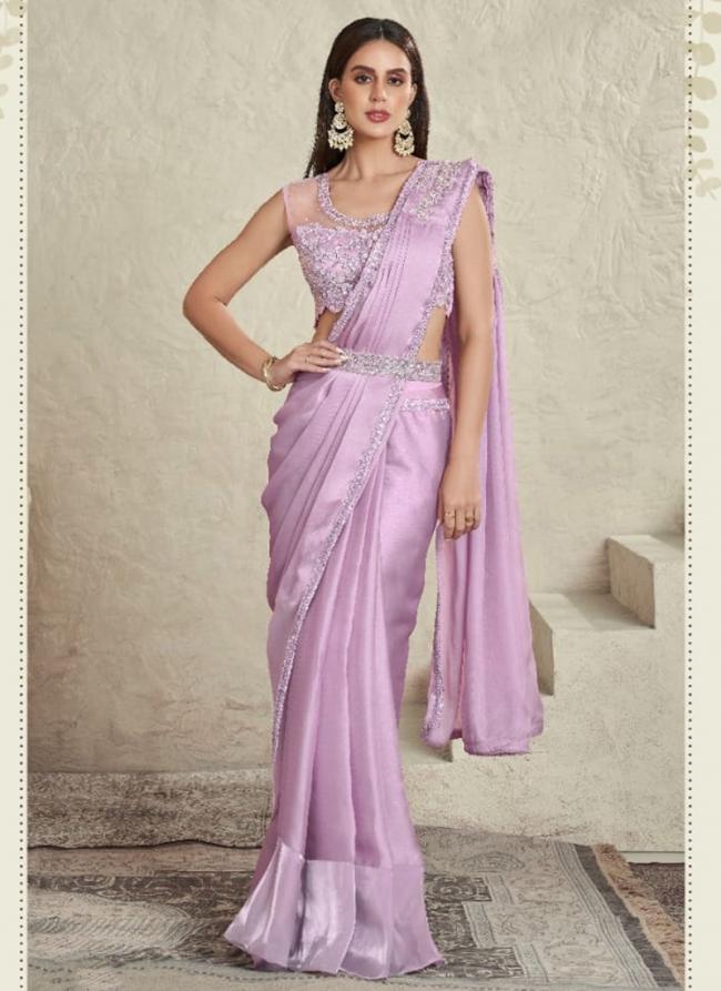 Lavender Imported Sartin Silk Party Wear Shimmer Work Ready To Wear Saree