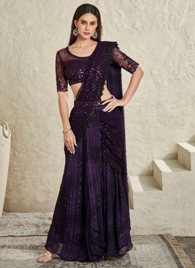 Purple Imported Sartin Silk Party Wear Shimmer Work Ready To wear Saree