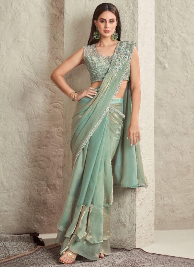 Sky Imported Sartin Silk Party Wear Shimmer Work Ready To wear Saree