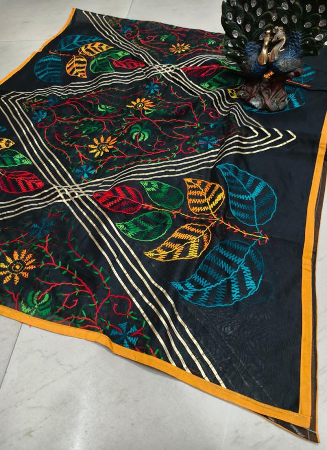 Black Pure Tassar Silk Festival Wear Embroidery Work Dupatta