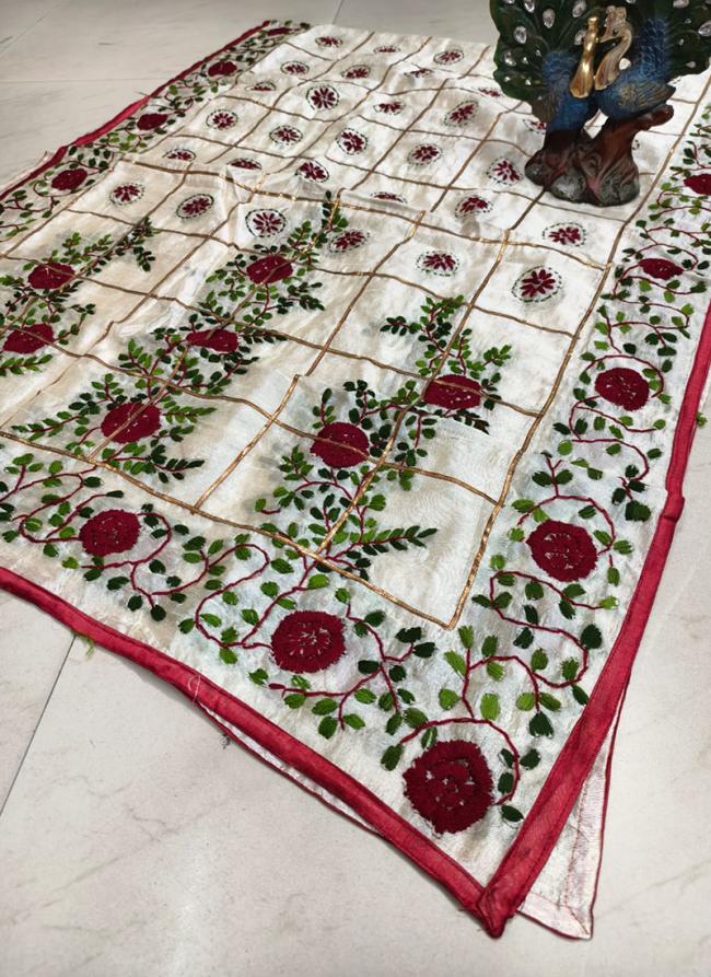 White Pure Tassar Silk Festival Wear Embroidery Work Dupatta