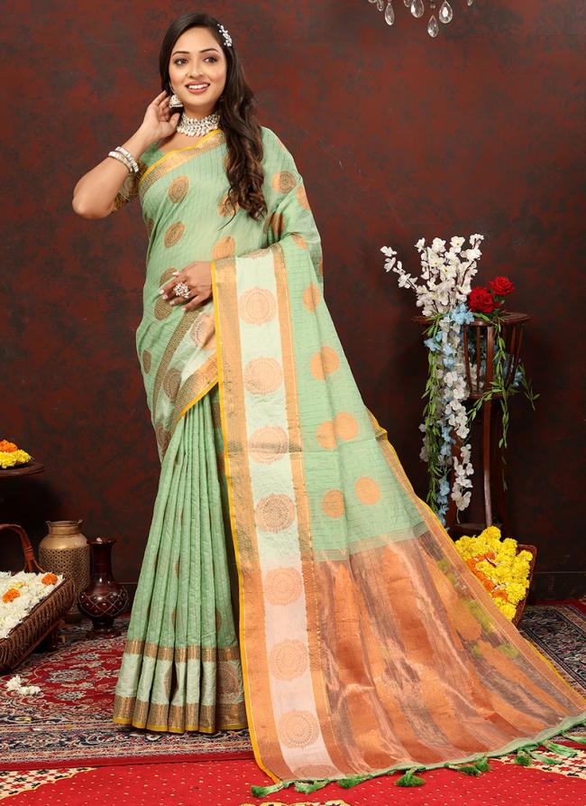 Green Soft Cotton Party Wear Zari Work Saree