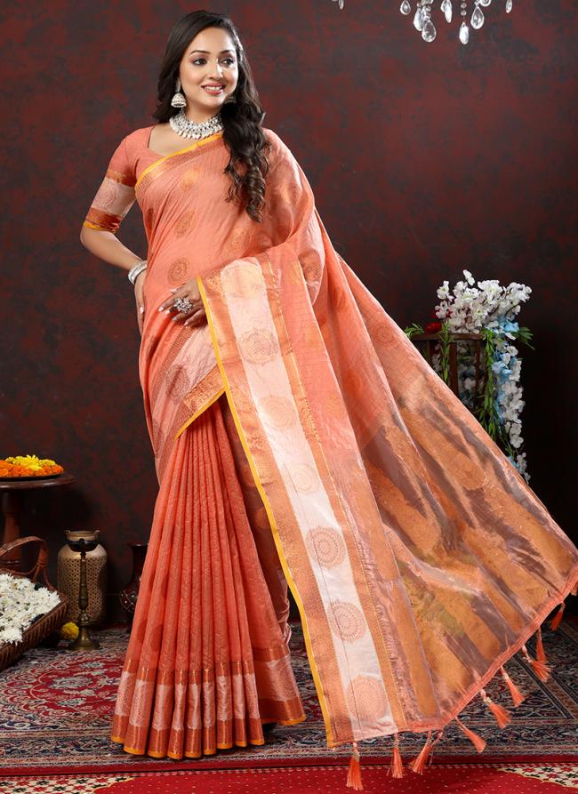 Peach Pink Soft Cotton Party Wear Zari Work Saree