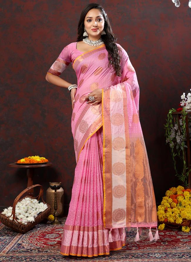 Pink Soft Cotton Party Wear Zari Work Saree